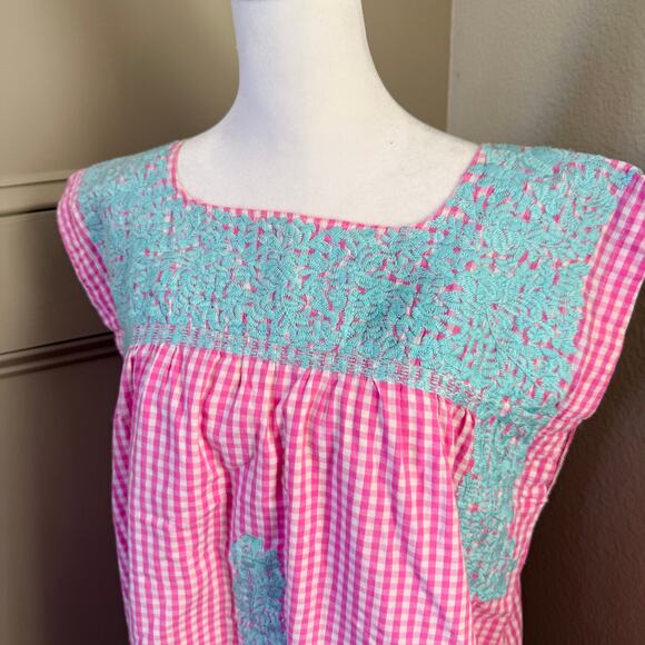 J. Marie Sleeveless Pink Gingham Embroidered Dress Tunic Lined Size Large - Picture 2 of 7